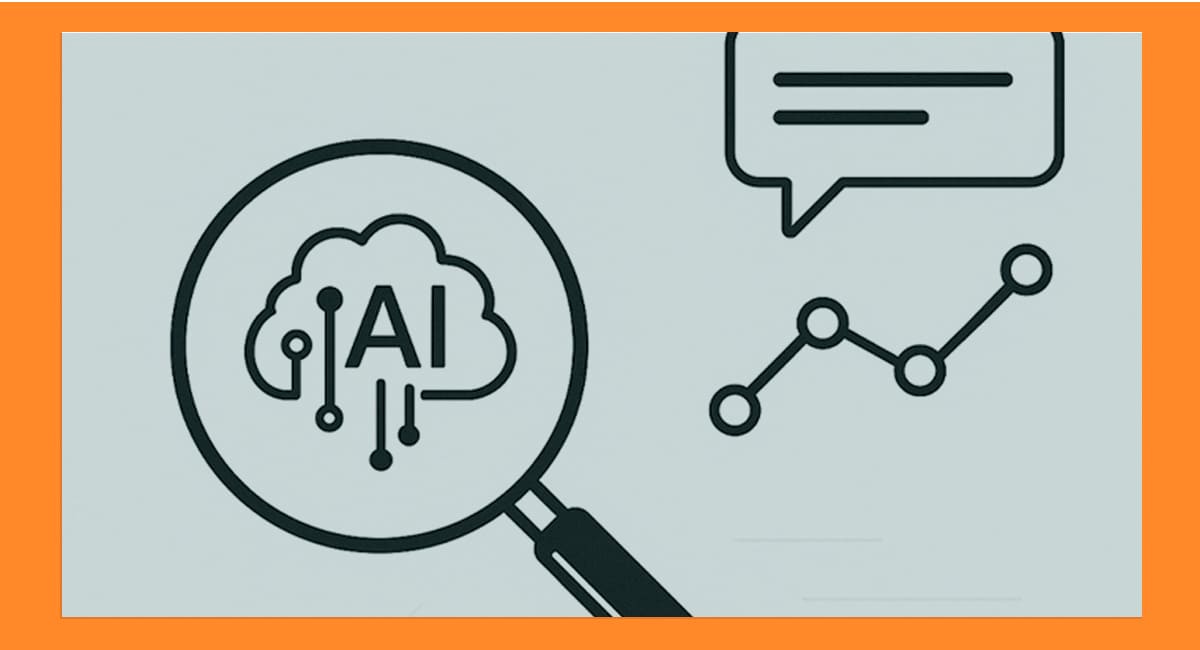 Análisis del impacto de las AI overviews de Google en SEO, representado por una lupa, un gráfico de crecimiento y un icono de resumen de IA